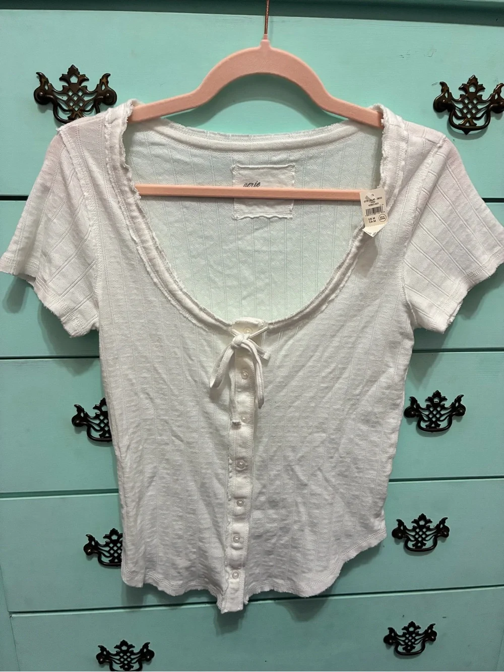 New aerie size M white scoop neck pointelle ribbon tie Button-Front Knit Top - Picture 2 of 4